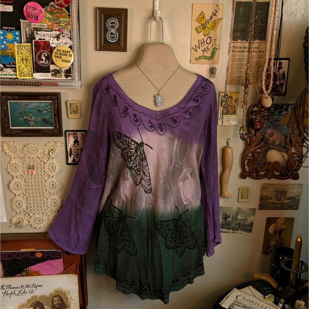 Butterfly Beaded Long Sleeve Tunic Blouse Women's S/M Ombre Purple Green